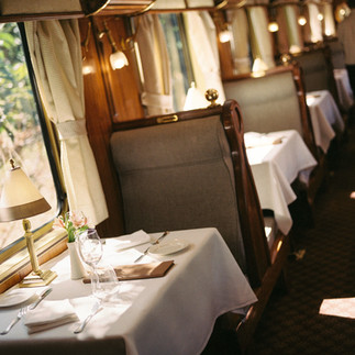 Dining car in luxury train Hiram Bingham