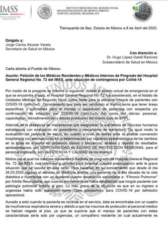 Por falta de Insumos se infectan de Coronavirus, 19 Residentes del Hospital General de Zona 72 del I