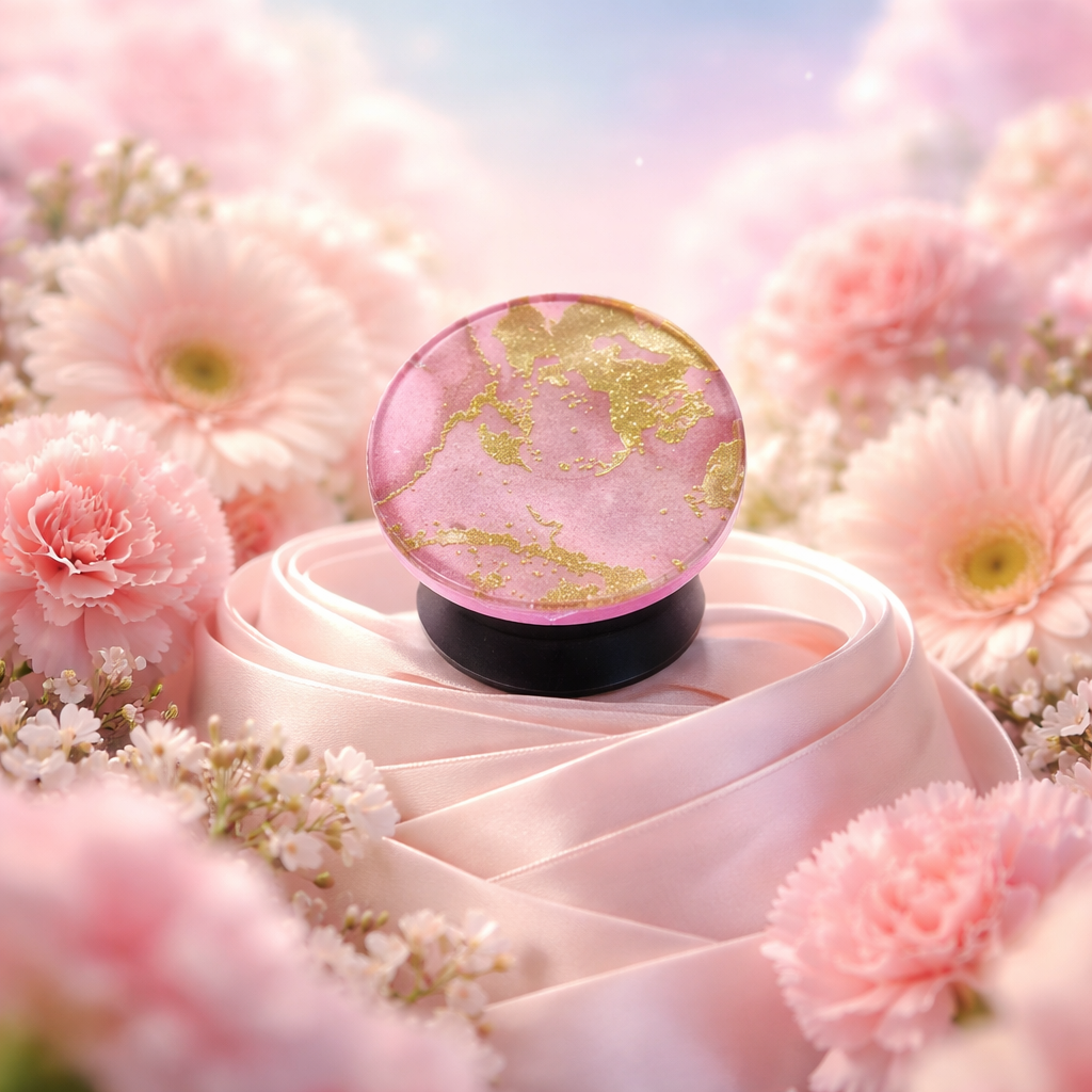 Popsocket rose et doré au centre de fleurs roses.