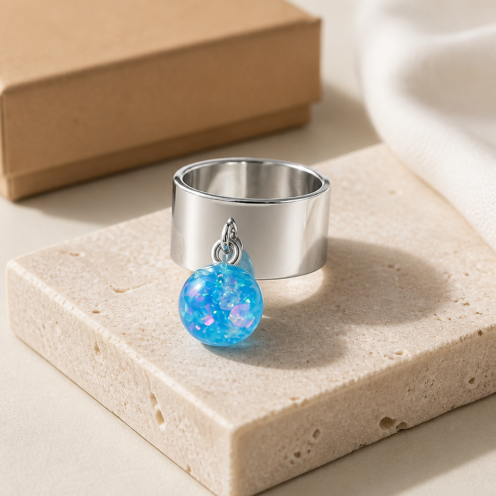 Bague éclat argentée avec breloque boule bleue scintillante