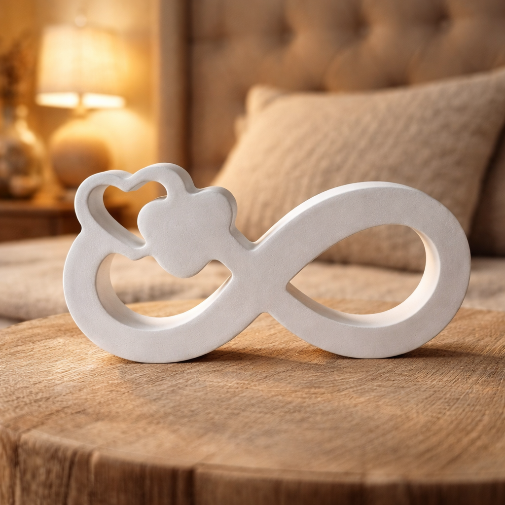 Statuette infini blanche avec cœur sur un socle en bois