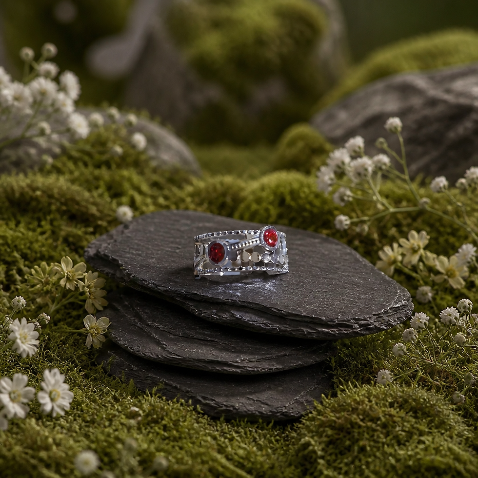 Bague entrelacée rouge sur un socle en ardoise et mousse