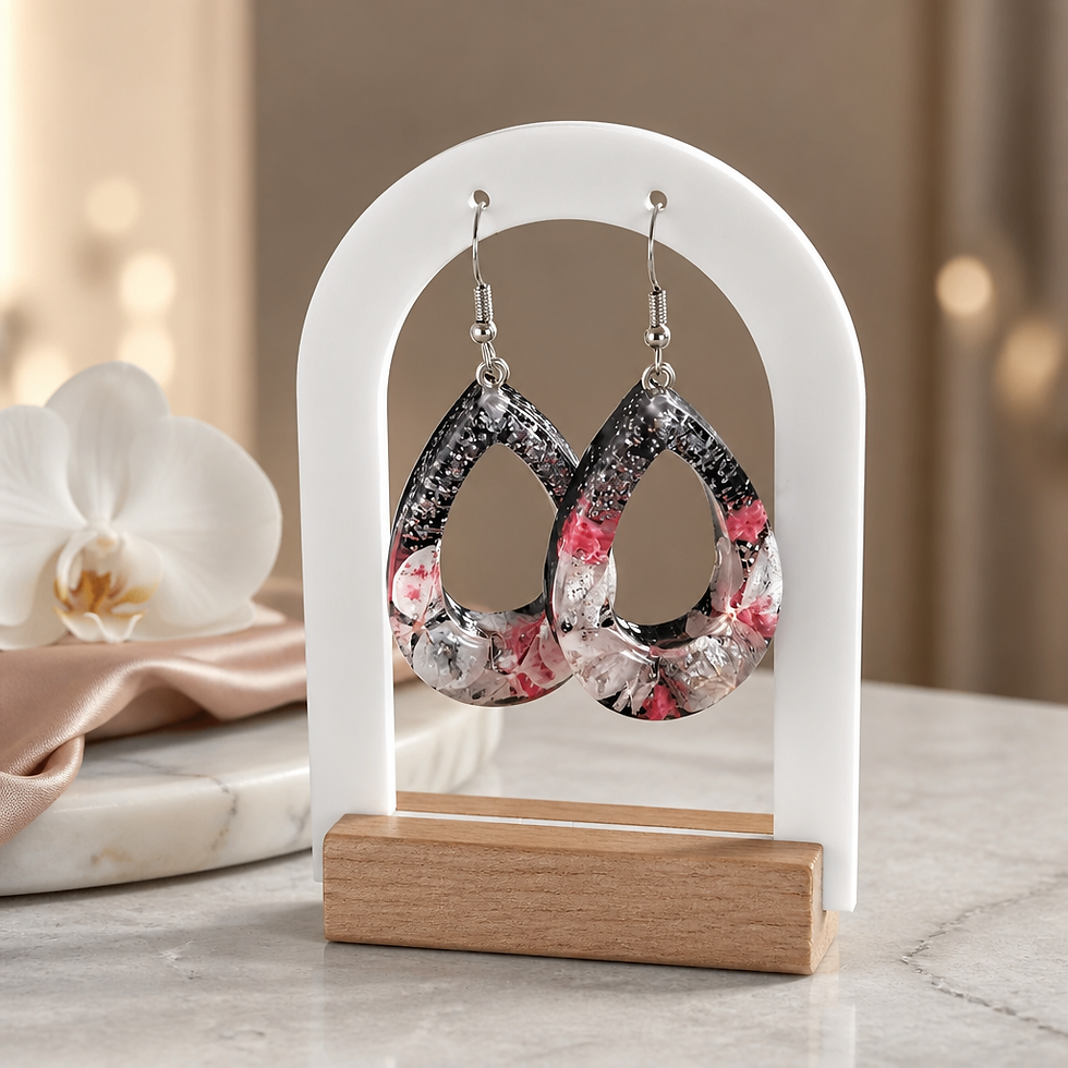 Boucles d'oreilles Gouttes fleuries sur un support blanc.