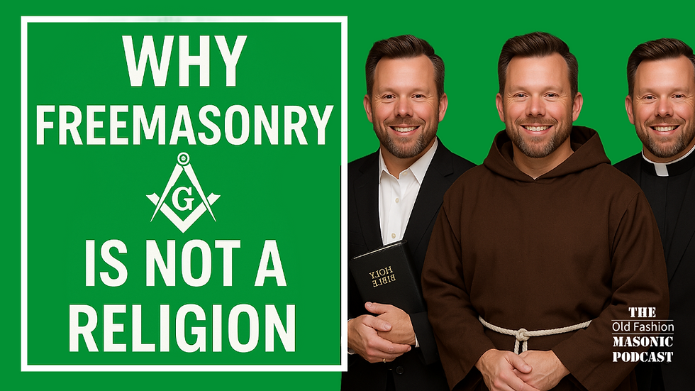 Image of three men; a business man, monk and priest all standing next to one another with a green background and words about Freemasonry not being a religion