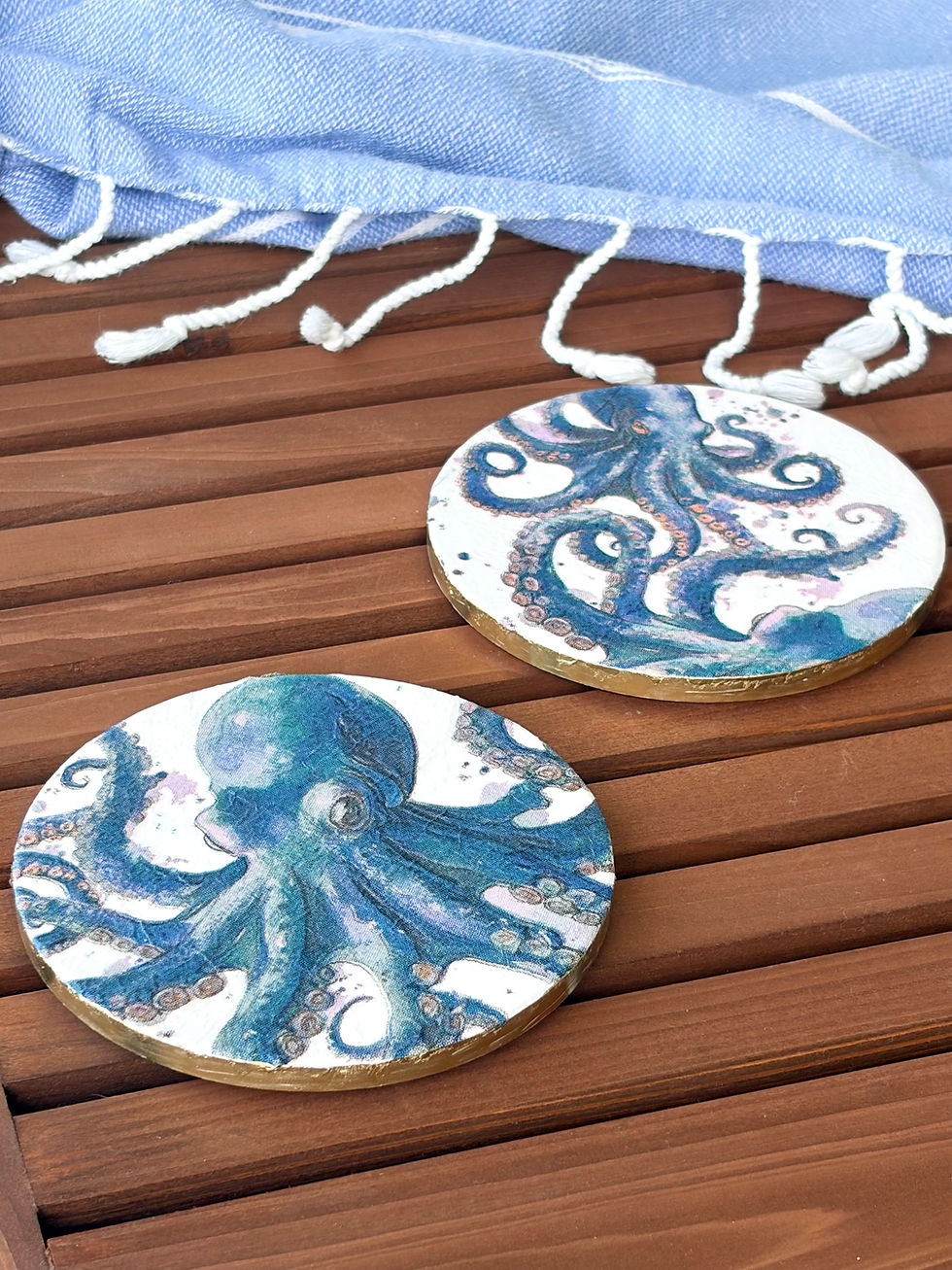 Thumbnail: Ceramic Coasters - Gold Leaf Trim/Decoupage (Set of 2)