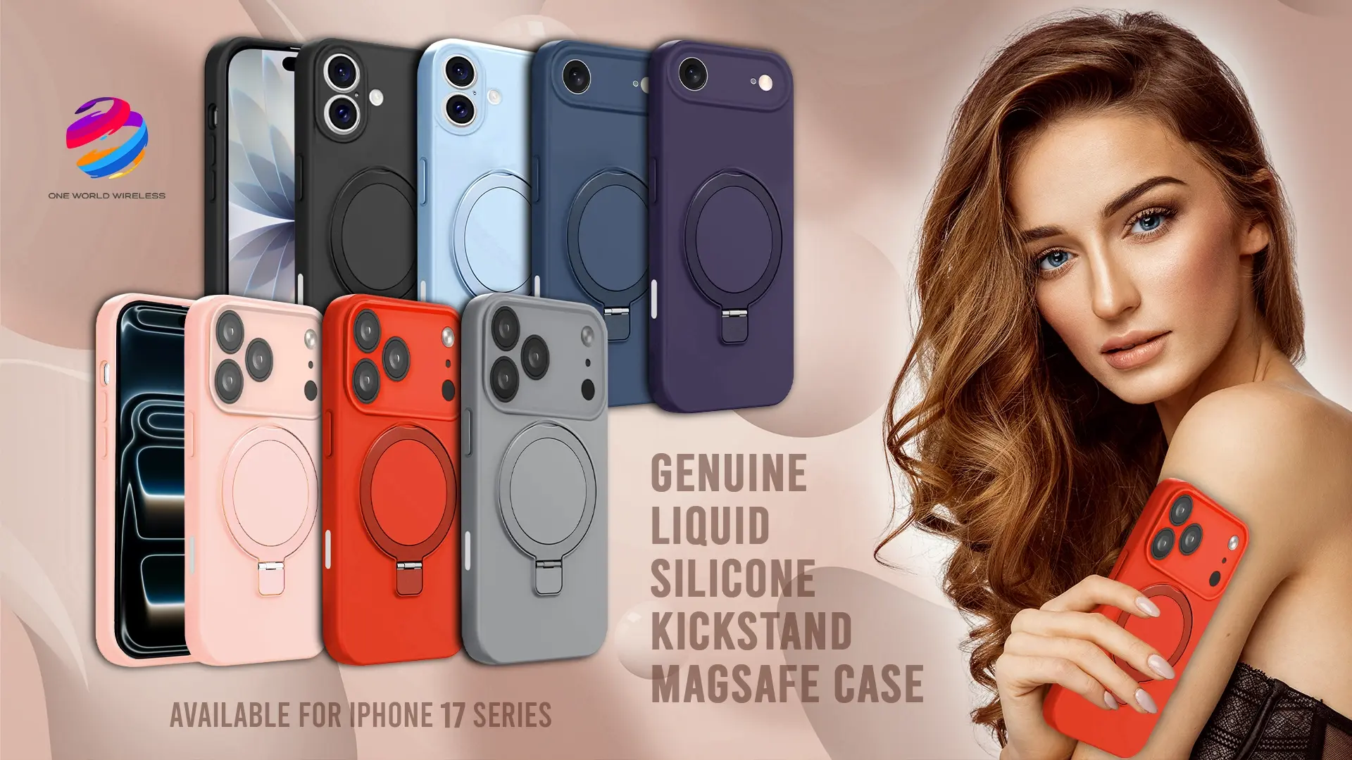 Display of Genuine Liquid Silicone Kickstand MagSafe Cases for iPhone 16 Series in various colors, featuring a young woman with loose waves in her hair, posing with a vibrant case in her hand. 