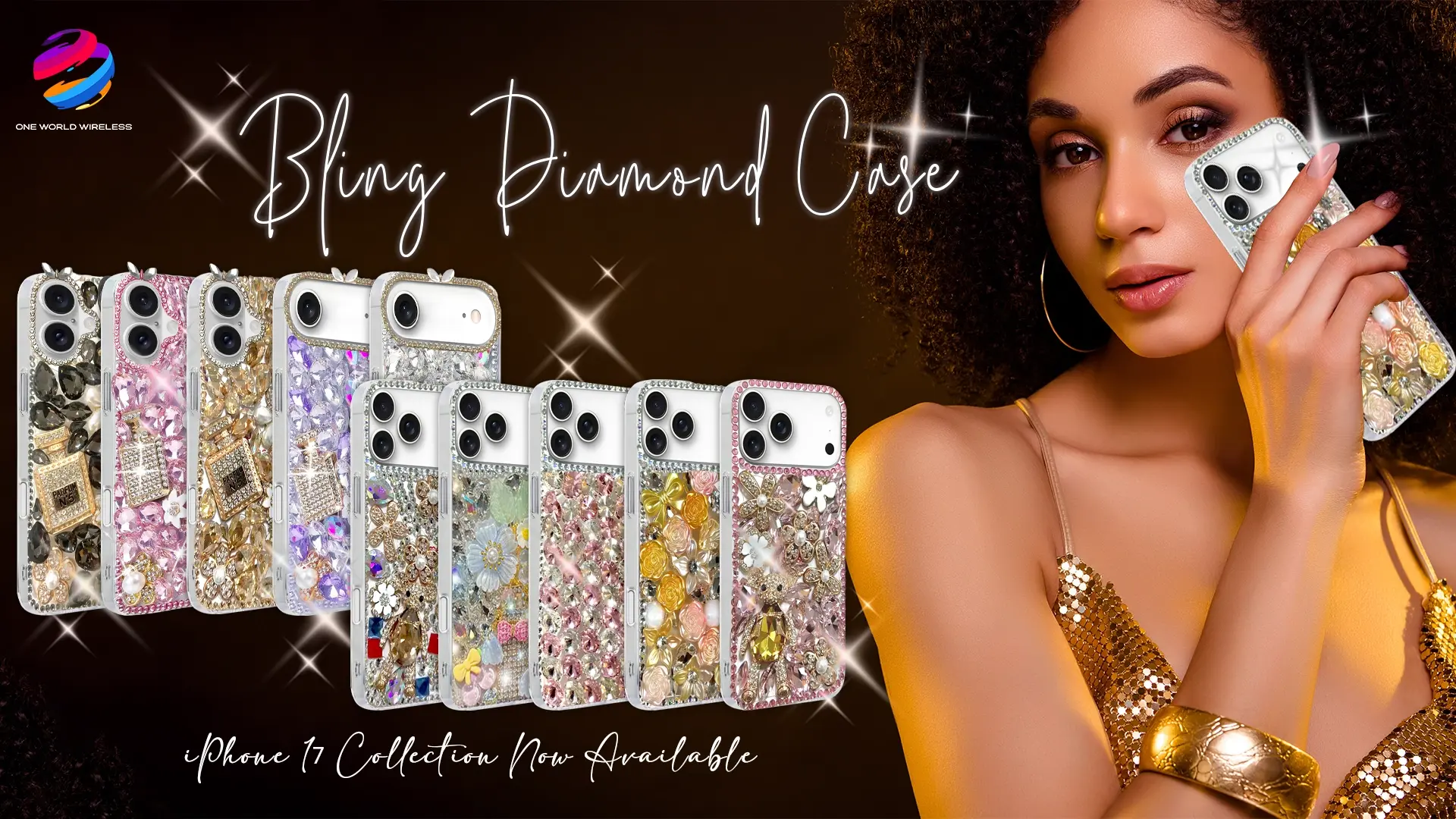 Display of Bling Diamond Cases for iPhone 16 Collection, alongside a young woman with curly hair wearing a sparkling outfit, holding a diamond-encrusted case against her shoulder. 
