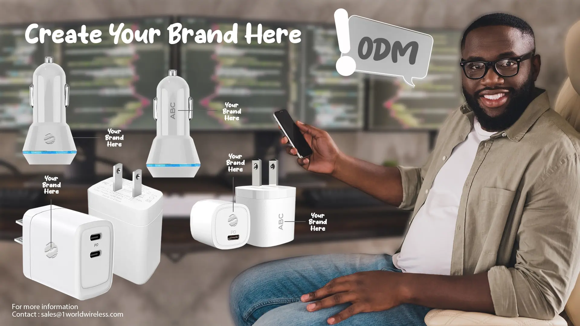 Mobile phone accessories with customizable brand option available. Various electronic chargers, including car and wall chargers, labeled with 'Your Brand Here.' alongside person sitting in a chair holding a smartphone with multiple computer screens in the background. Text: 'Create Your Brand Here' and 'ODM.' Contact: sales@1worldwireless.com.