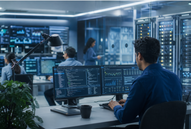 Modern tech workspace with data dashboards