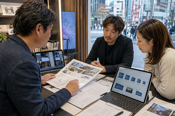 大阪の店舗で、担当者が複数のLEDビジョン仕様と見積書を比較しながら、画面サイズや設置方法を打ち合わせているイメージ