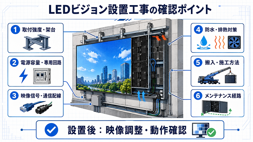 LEDビジョン設置工事の架台・電源・配線・防水・メンテナンス確認項目