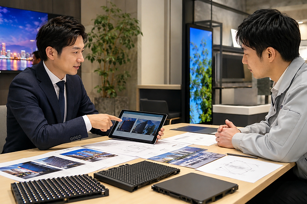 大阪の打ち合わせスペースで担当者がLEDビジョンの購入・リース・レンタルを資料とタブレットで比較説明している様子