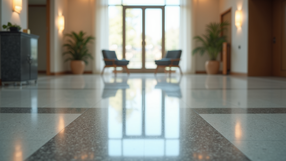 High angle view of a clean and shiny commercial lobby floor after professional janitorial service