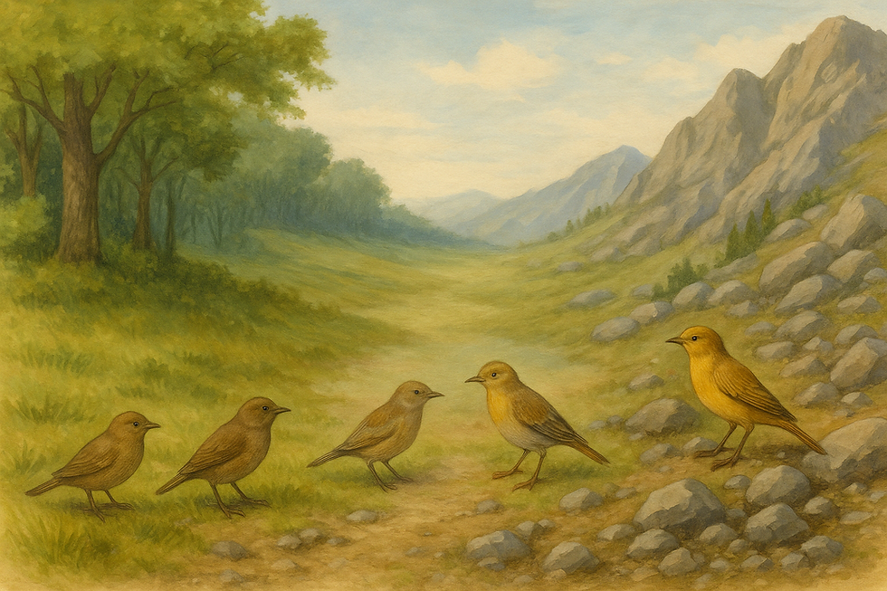 Stylised illustration showing speciation across a landscape gradient, with birds gradually diverging in appearance from a forested habitat to a rocky mountain slope. Represents evolutionary divergence in response to environmental change.