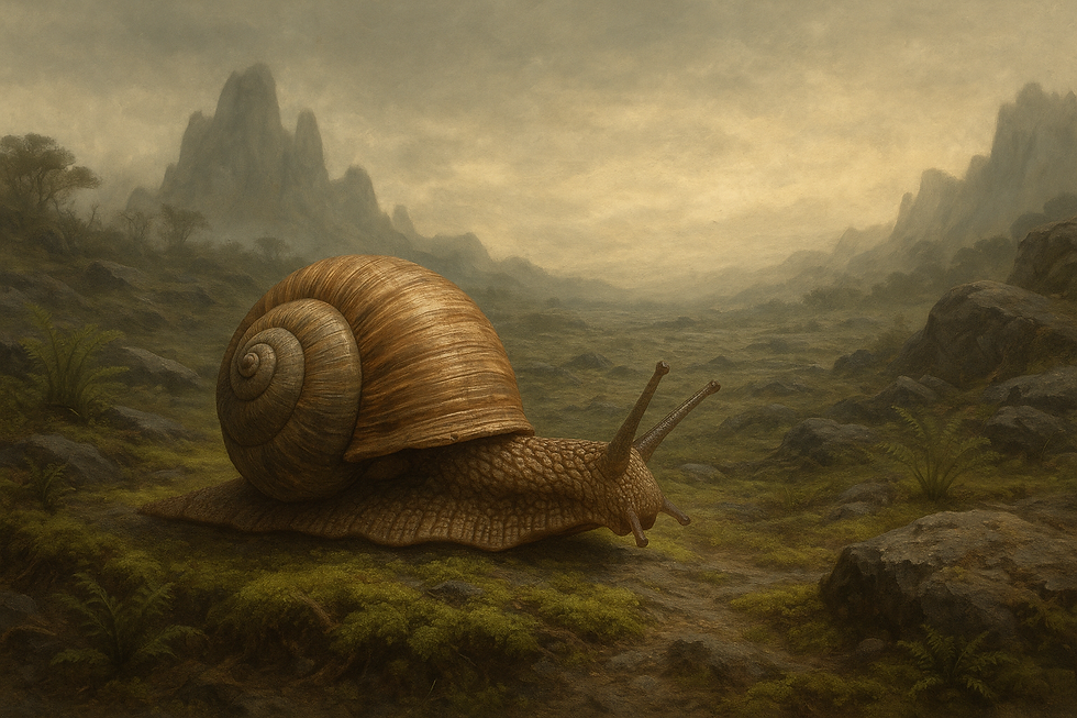 A digital painting of an ancient-looking snail crawling across a misty prehistoric landscape. The terrain features rocky ground, early mosses and ferns, and a muted, overcast sky that evokes the atmosphere of Earth hundreds of millions of years ago.