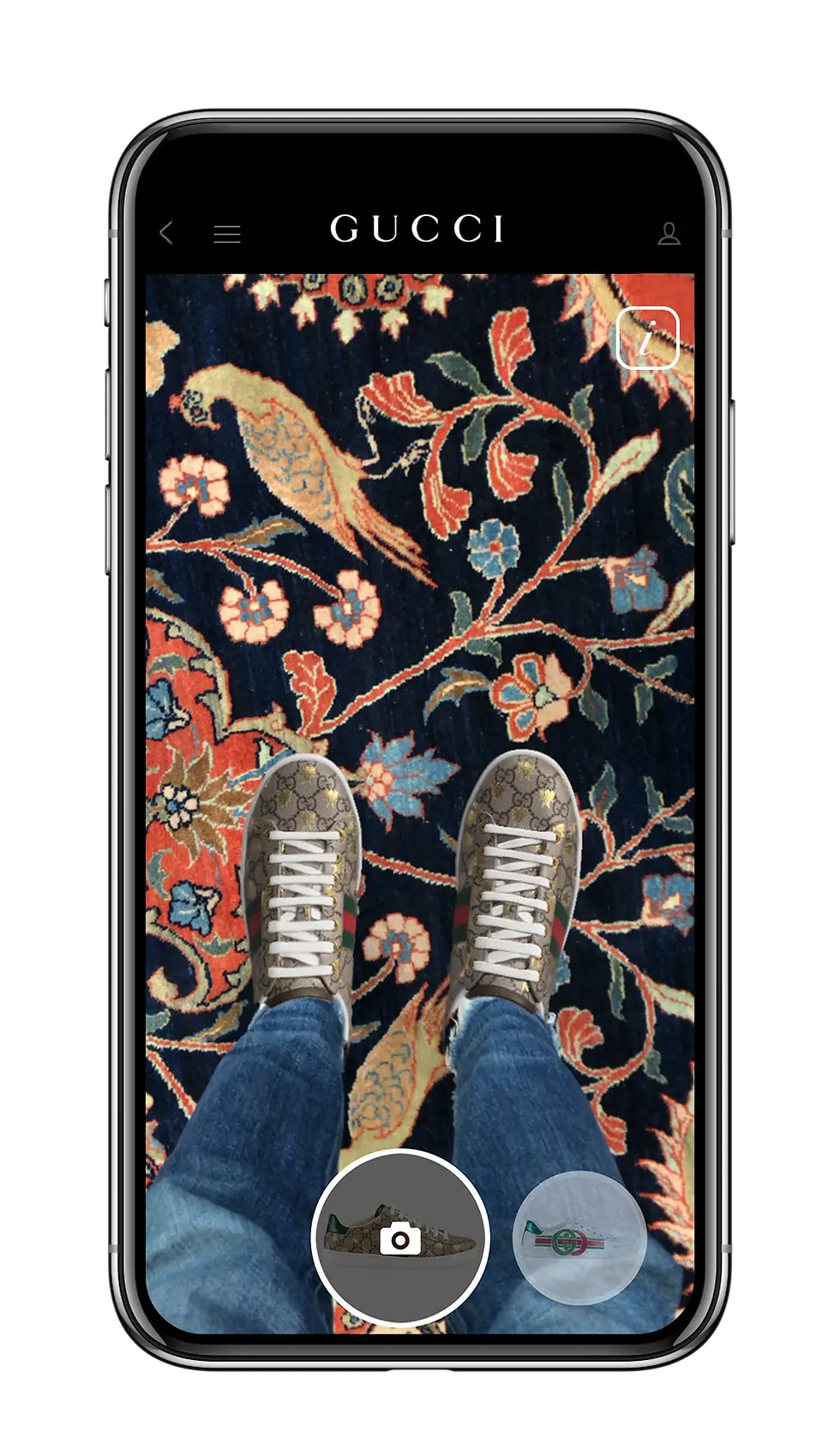 Sneakers viewed through phone displaying Gucci app, over a dark, floral-patterned rug. Includes shoe selection icons on screen.