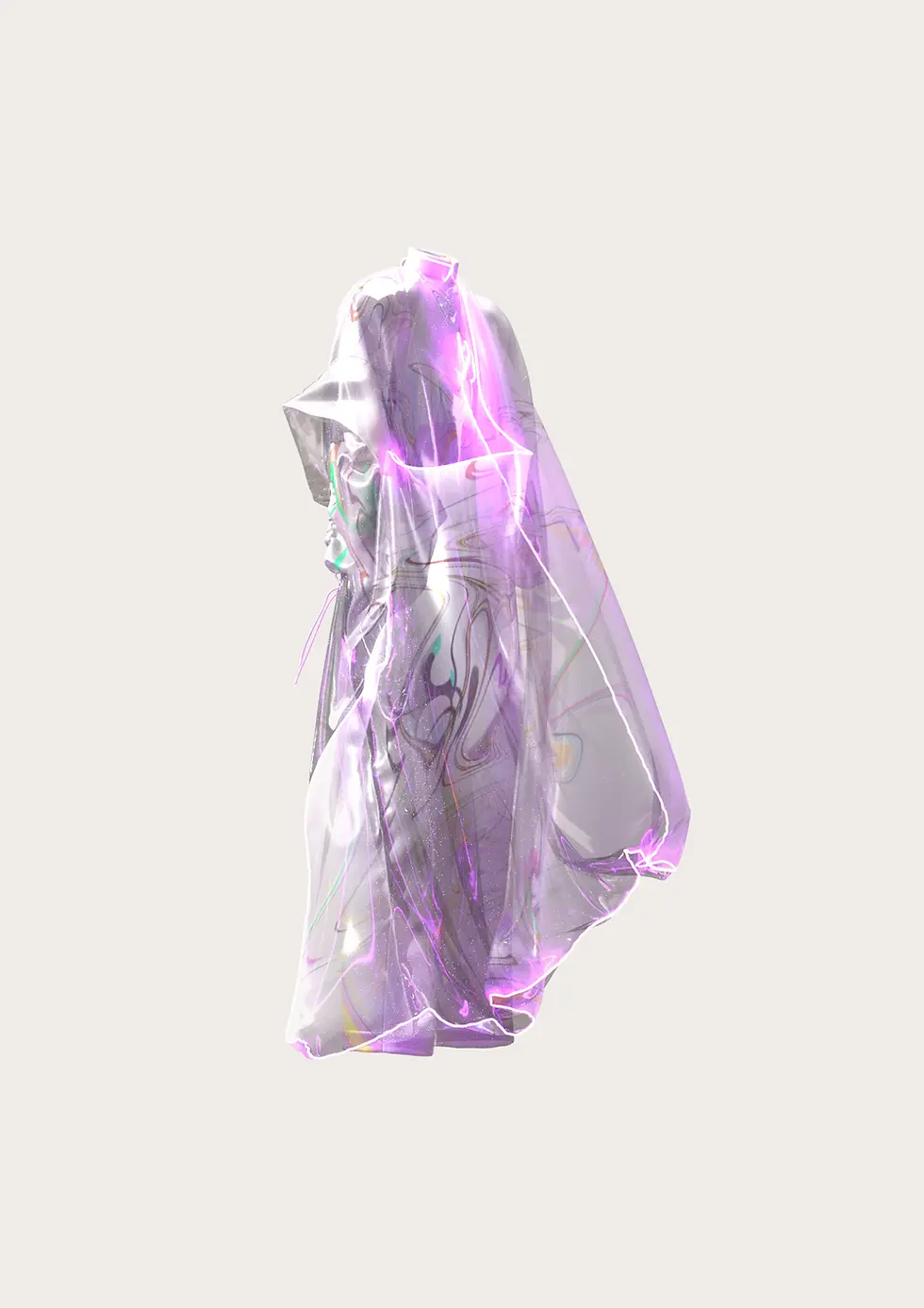 A mannequin draped in a translucent fabric with purple accents and colorful patterns, set against a plain white background.