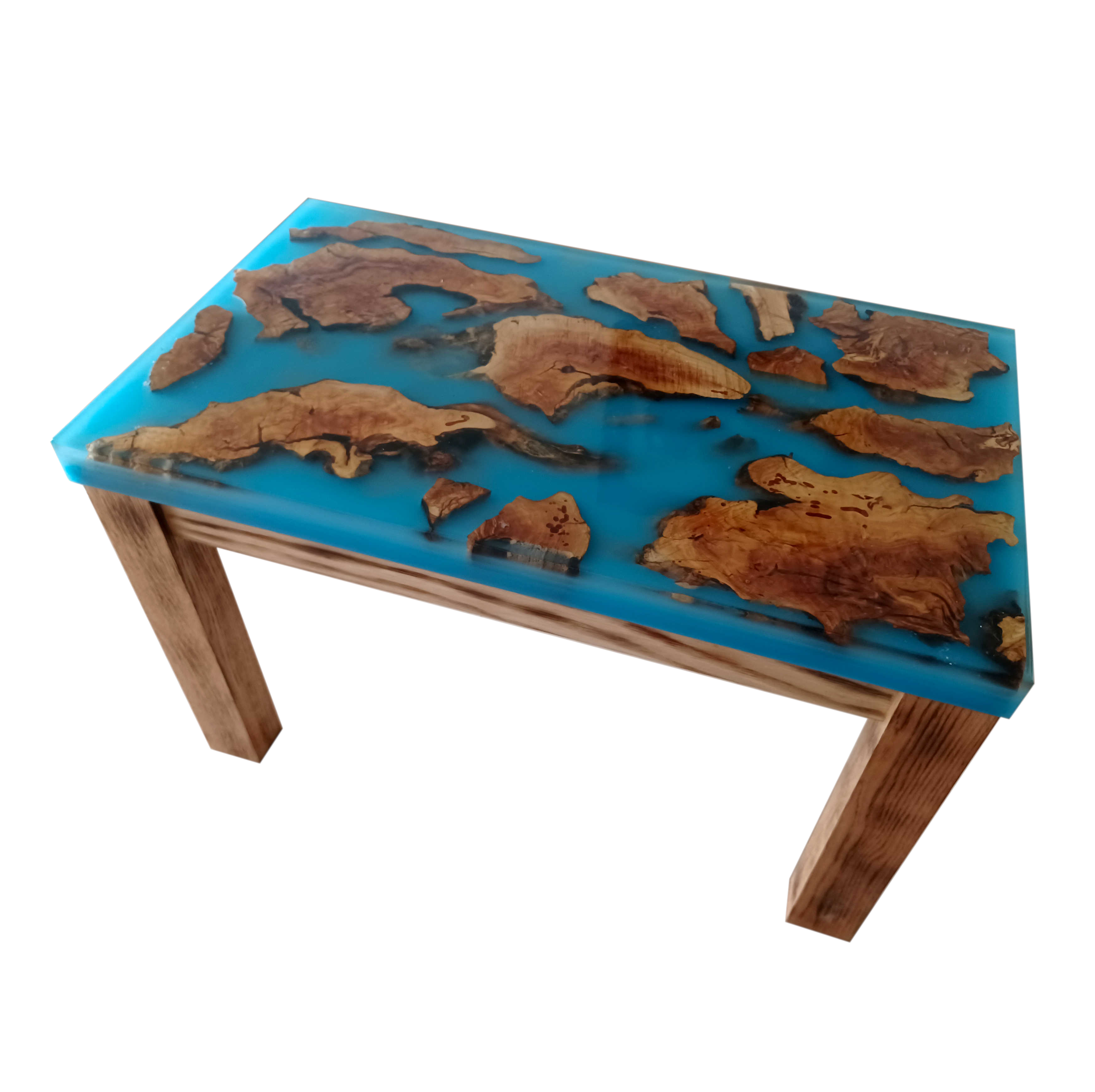 Mesa de resina epóxica azul con madera de olivo natural