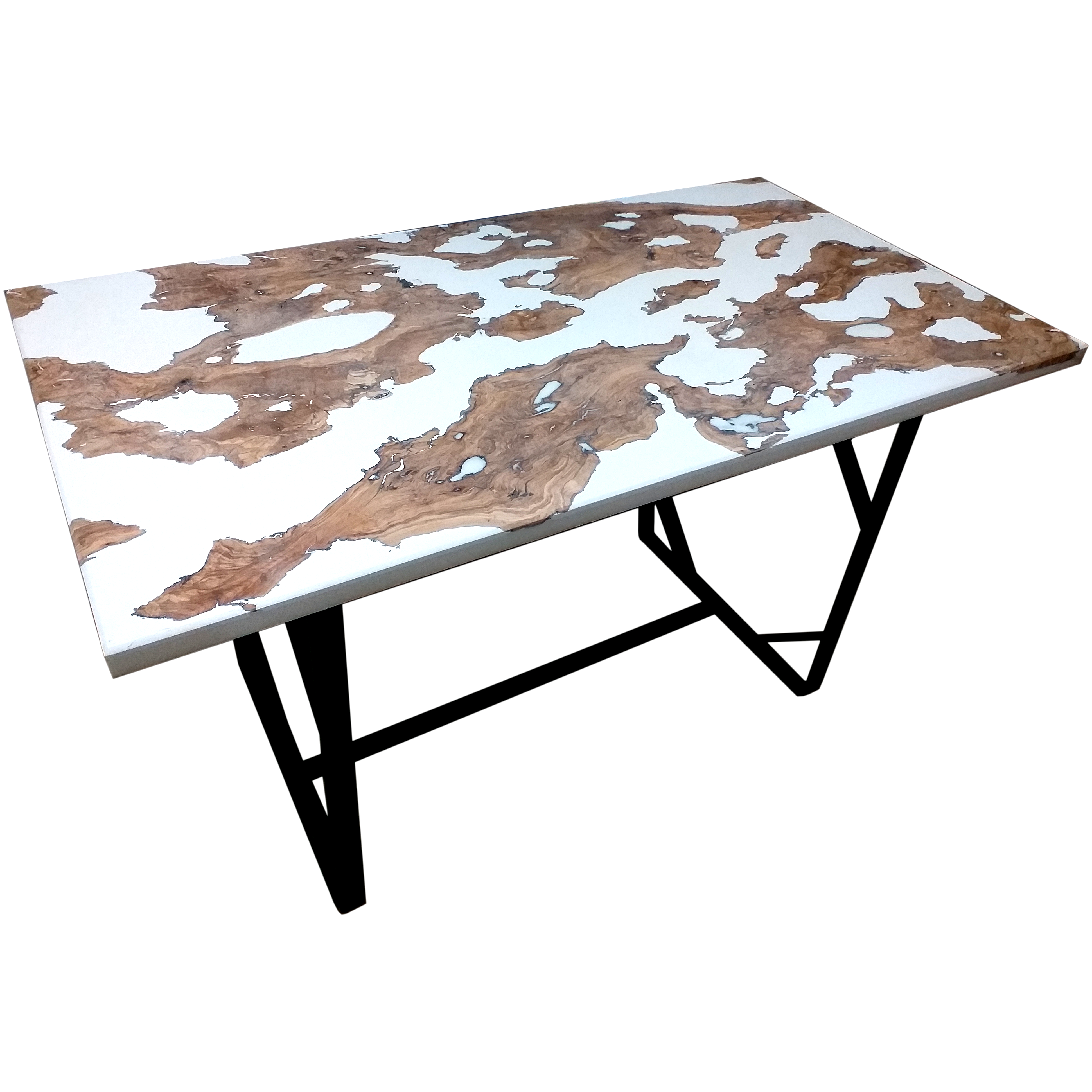 Mesa de resina epóxica blanca con madera de olivo natural