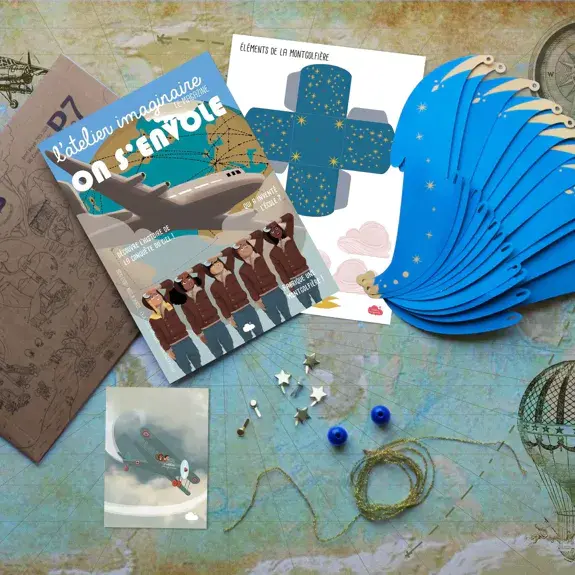 Contenu du kit créatif montgolfière enfant avec pièces prédécoupées et accessoires