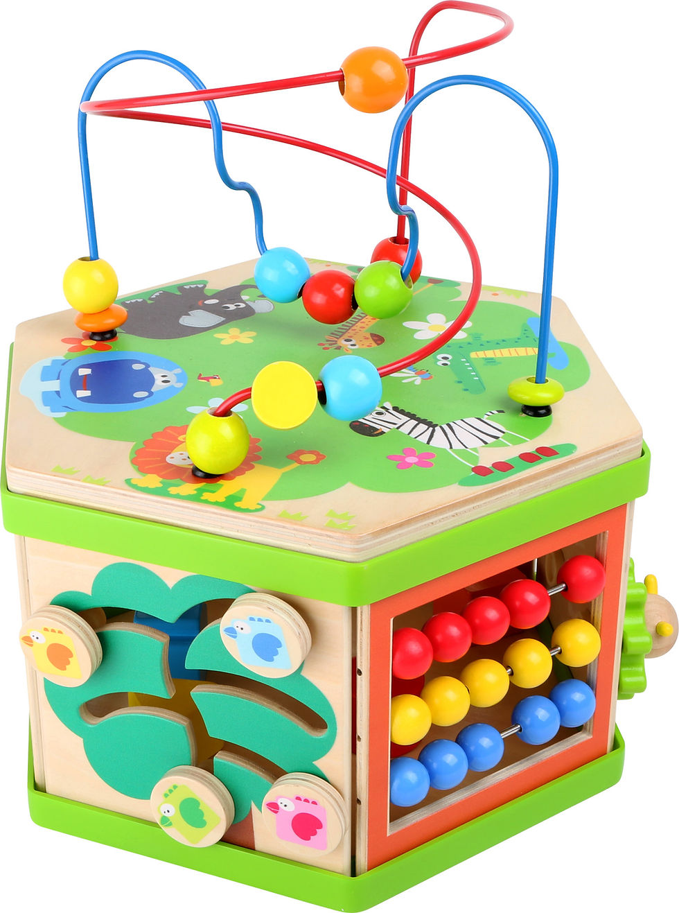 Miniature : Cube d’activités en bois pour enfants – illustrations Safari et perles mobiles