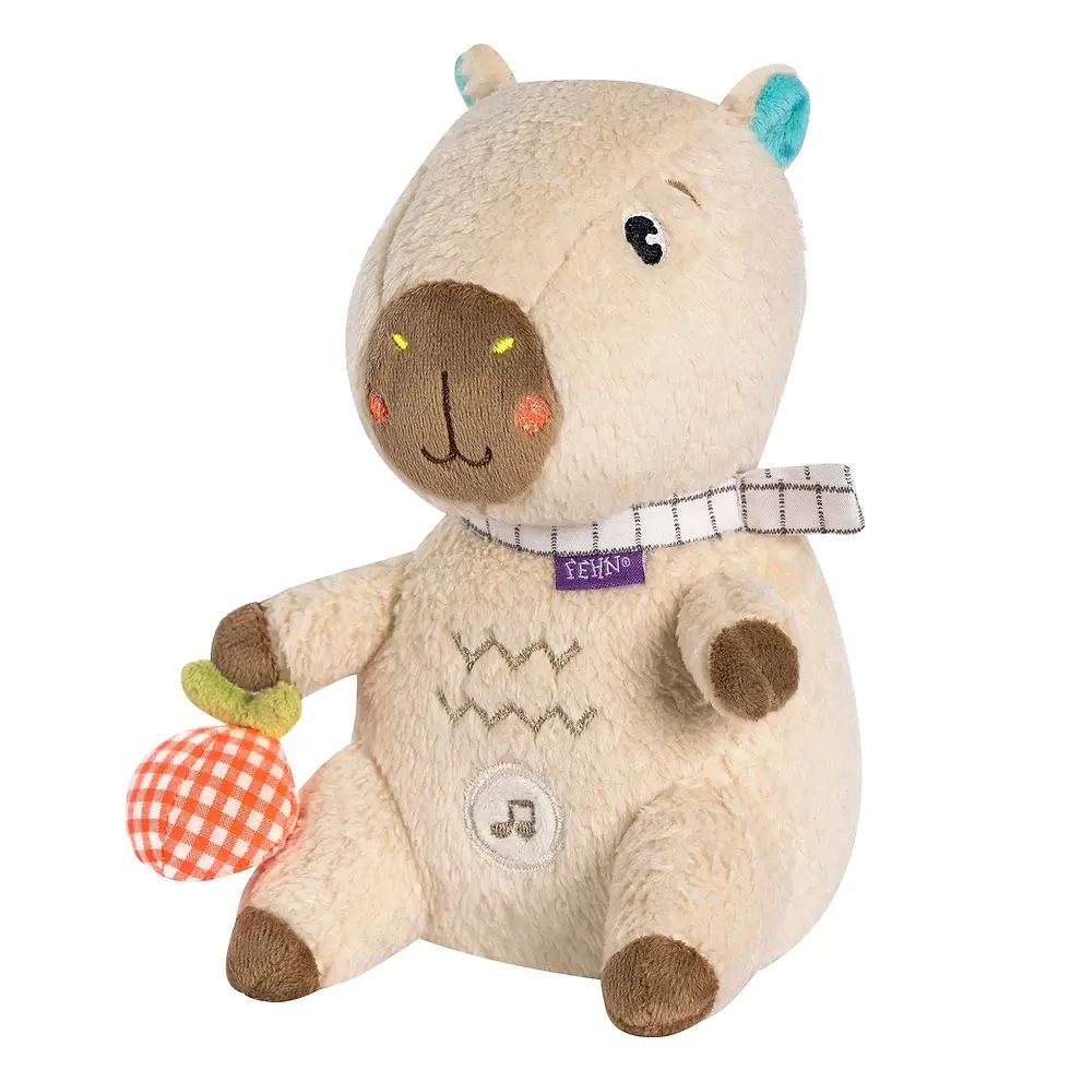 Peluche aide à l'endormissement Capybara beige Fehn tenant une orange en tissu