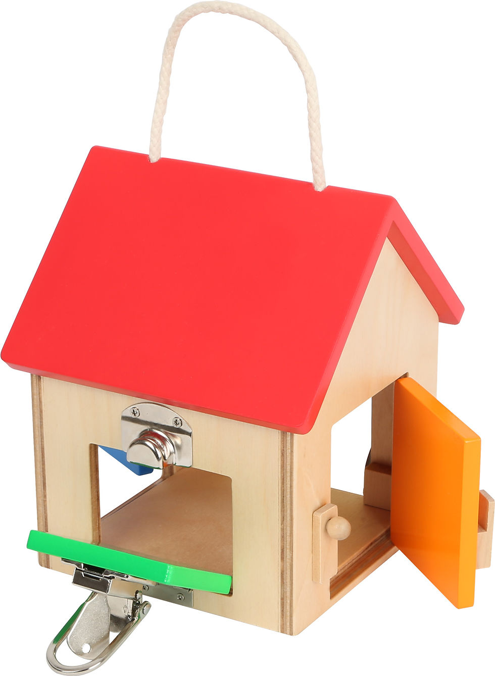 Miniature : Maison éducative en bois avec clapet jaune et mécanismes de fermeture
