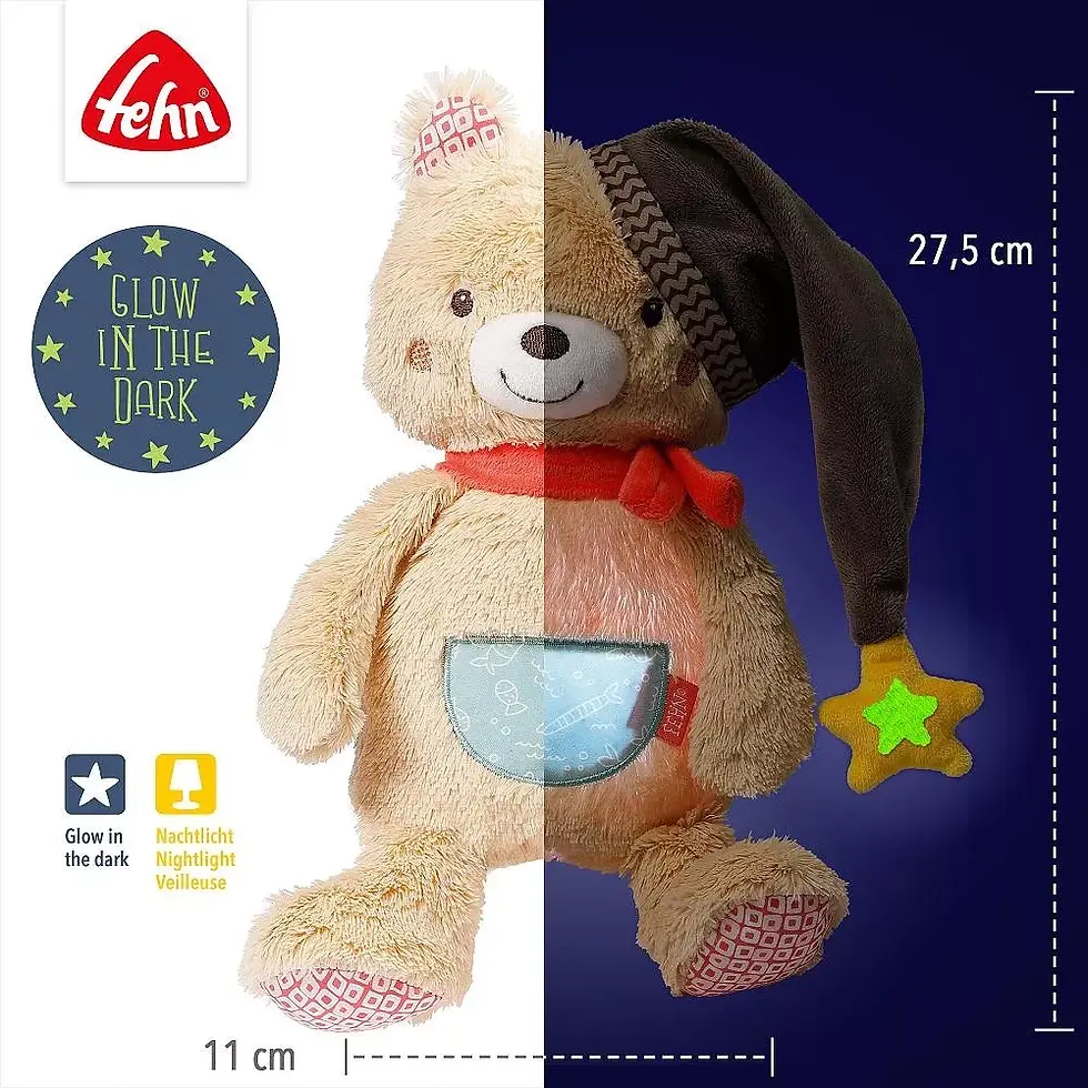 Miniature : Peluche veilleuse ours Fehn avec démonstration effet Brille dans la nuit et dimensions 27,5 cm sur 11 cm.