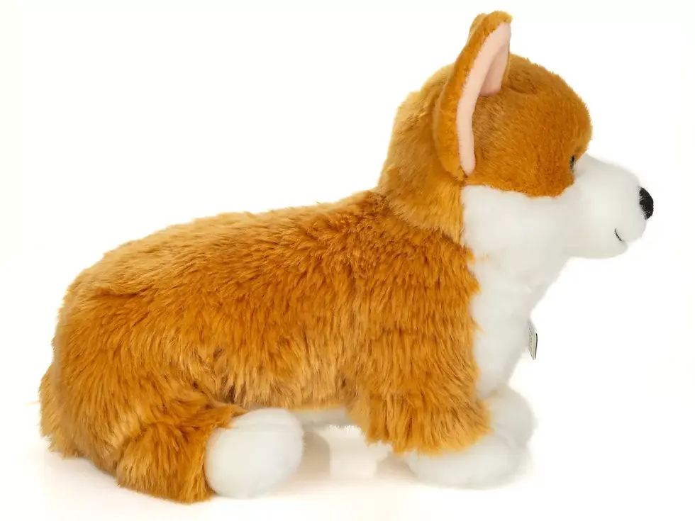 Miniature : Peluche Corgi réaliste vue de profil, pelage caramel et blanc, jouet doux pour enfants
