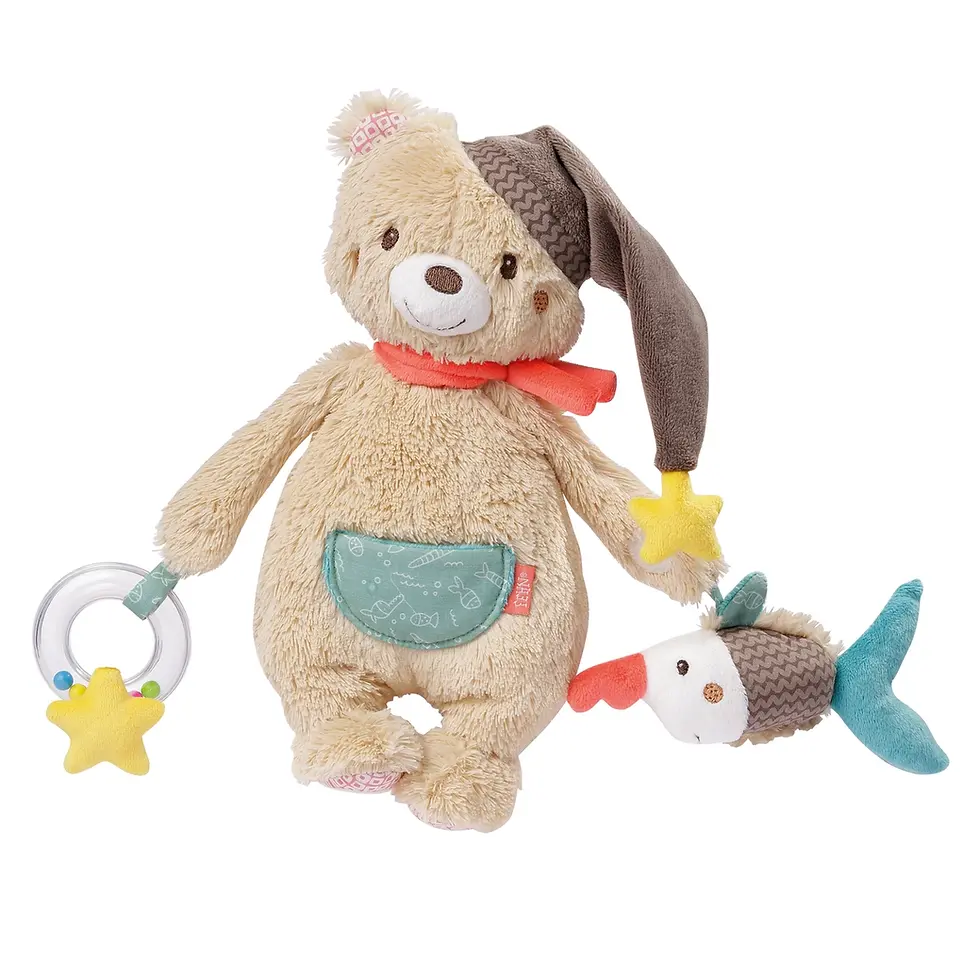 Ours d'activité Fehn en peluche douce avec hochet et poisson sonore pour bébé