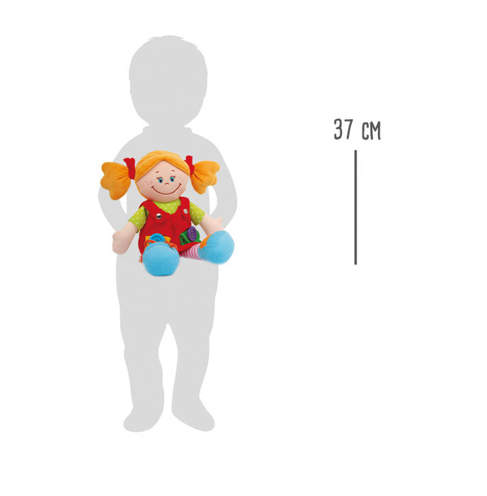 Miniature : Poupée éducative en tissu, modèle fille, de 37 cm, montrée à l’échelle dans les bras d’un enfant silhouetté.