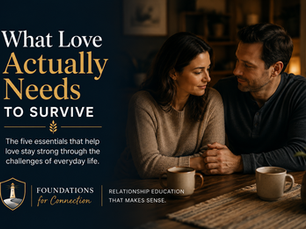 A couple shares a quiet, connected moment together, reflecting warmth, trust, and emotional closeness. The image represents the essential conditions that help love endure over time, including emotional connection, responsiveness, safety, and mutual care.
