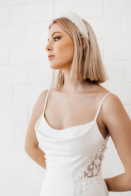 Cizzy Bridal Cowl Neck Wedding Dress in Crepe with Cut Out Floral sides and beautiful wedding gown train.