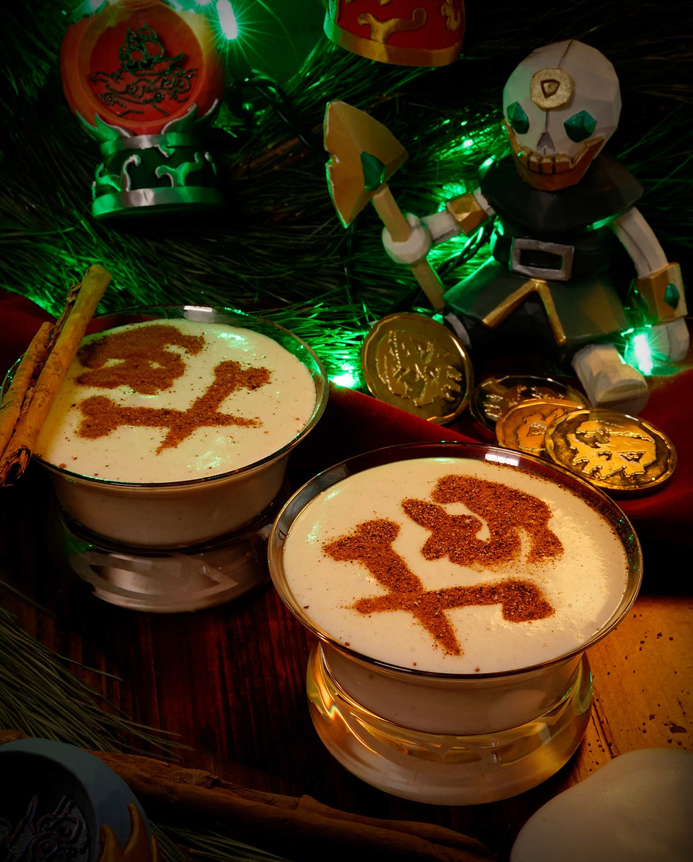 Gold Hoarder plushie celebrating the season with Grogmas Nog and hoarded gold.
