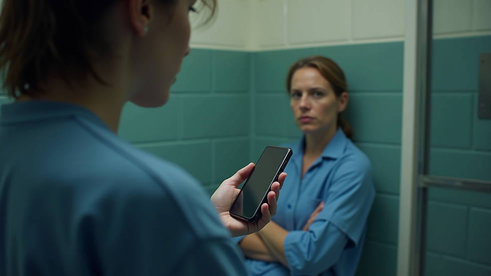 Close-up view of a person holding a smartphone while talking to an inmate