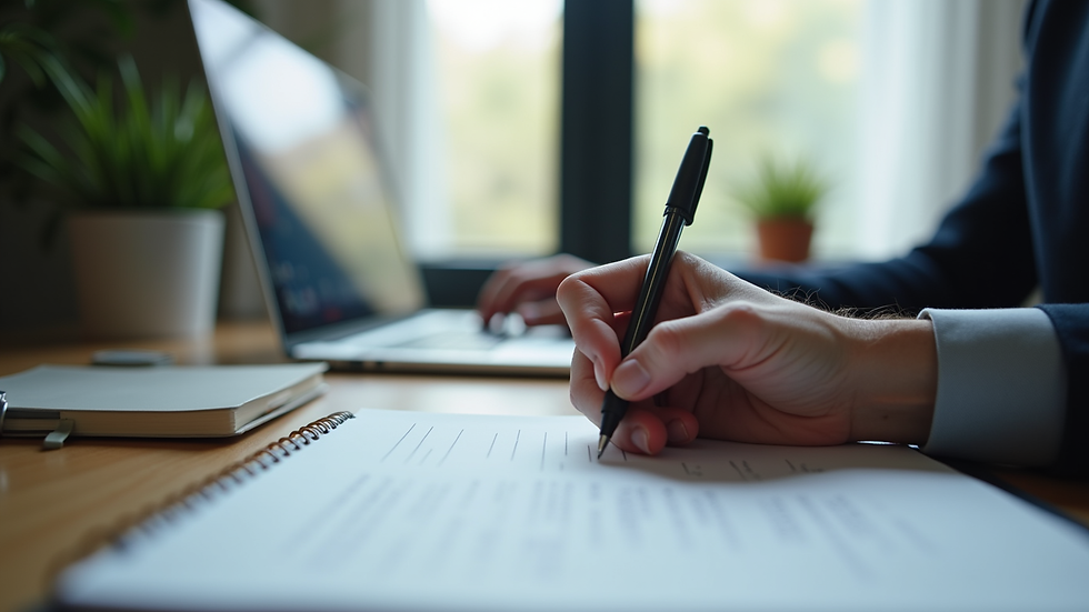 Close-up view of a person writing notes during an online training session