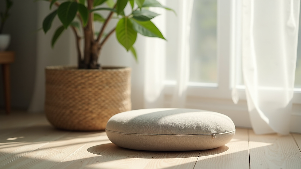 Close-up view of a meditation cushion and a small indoor plant