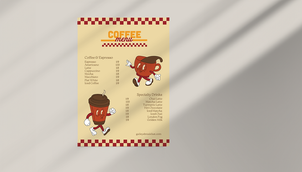 Custom coffee menu designed for Gailey's Breakfast Cafe, featuring playful retro characters and cohesive font styles, creatin