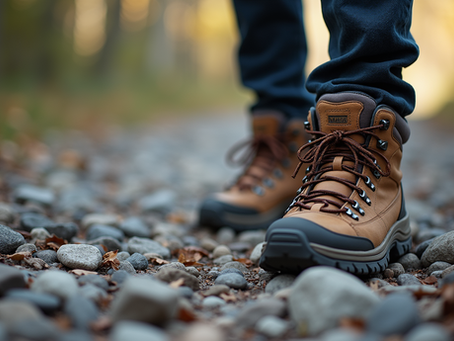 Hiking boots on beautiful river rock bed