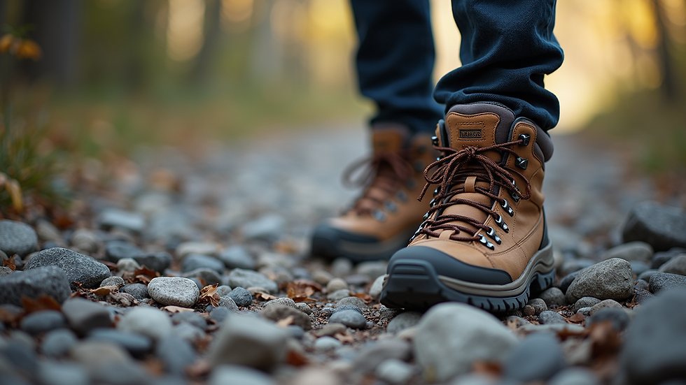 Close-up view of rugged hiking boots on a rocky path