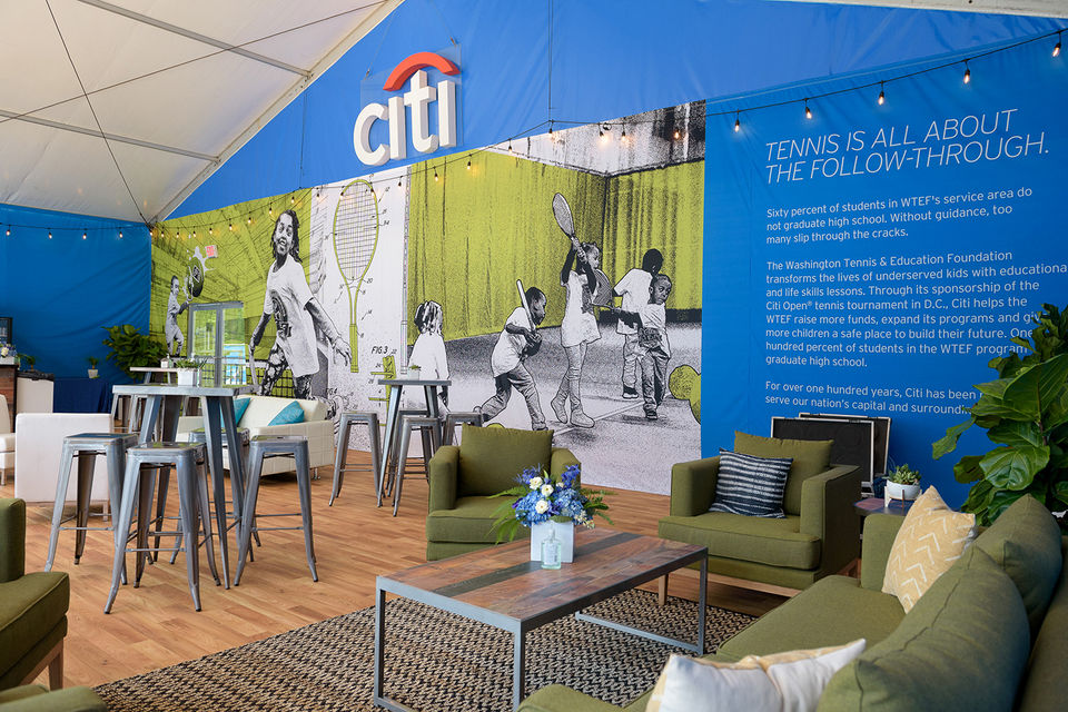 Large scale printed graphics for a hospitality tent