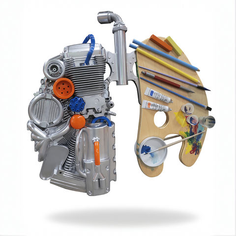 3D printed sculpture combining engine parts with art supplies to form human lungs