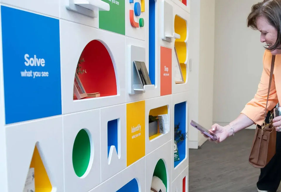 An interactive and colorful display with custom millwork and painted surface