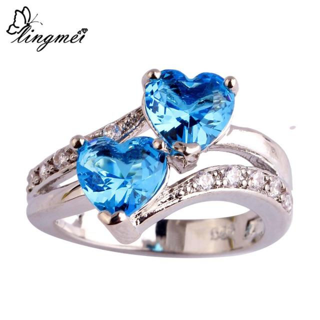 lingmei Wholesale Fashion Trendy Double HeartSilver ColorJewelry Wedding Rings Glamour Female Zircon Jewelry Size 5-13
