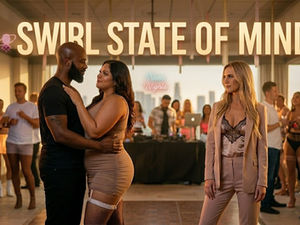 Partners locking eyes at a swinger lifestyle event, showing connection and emotional awareness in a crowded social setting.