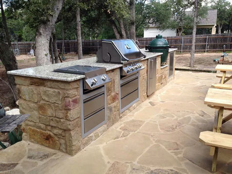 Outdoor Kitchens- Custom Stone Kitchen with Marble Counter tops with built in stove top, Grill, refrigerator, and Smoker 