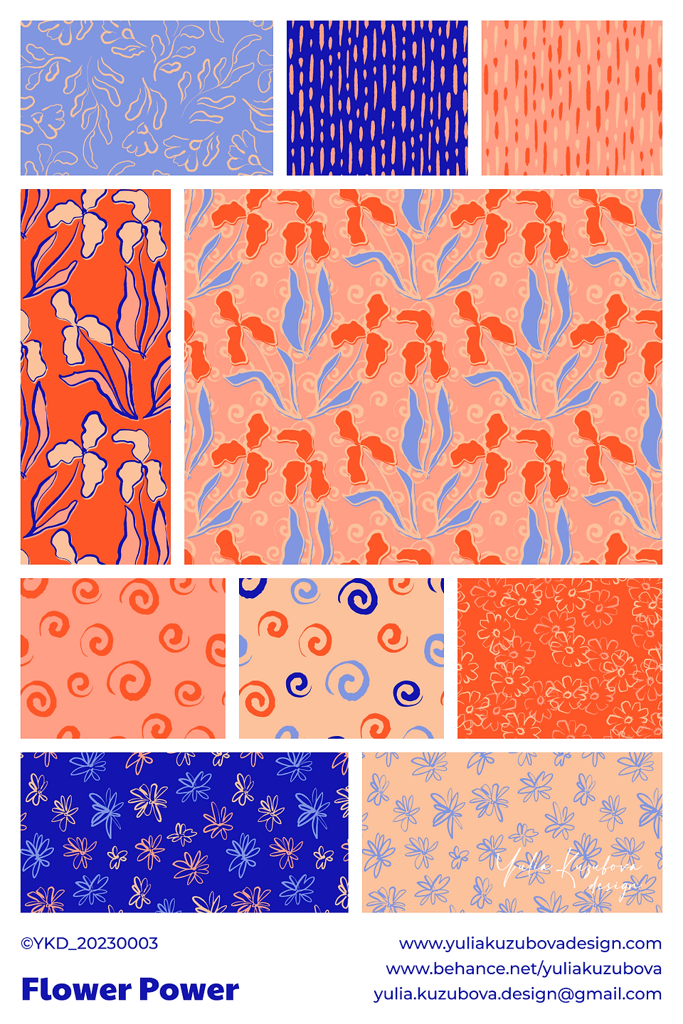 Flower Power Collection: A vibrant and dynamic surface pattern design featuring bold floral motifs in a mesmerizing color palette