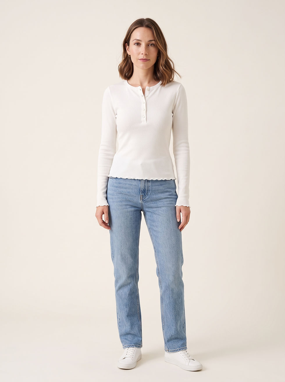 White ribbed knit henley top, front view