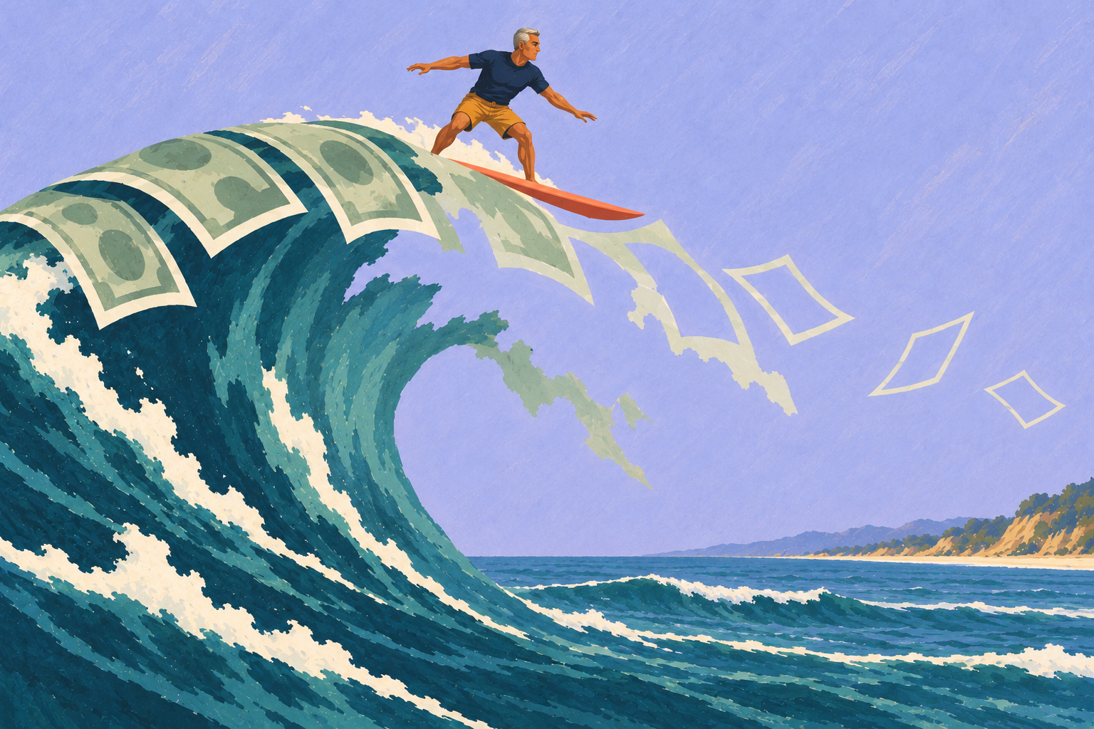 An illustrated Silver Tsunami wave fading into a mirage, with business buyers assessing the opportunity.