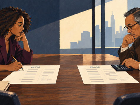 A buyer and seller compare transaction economics using separate worksheets and a calculator.
